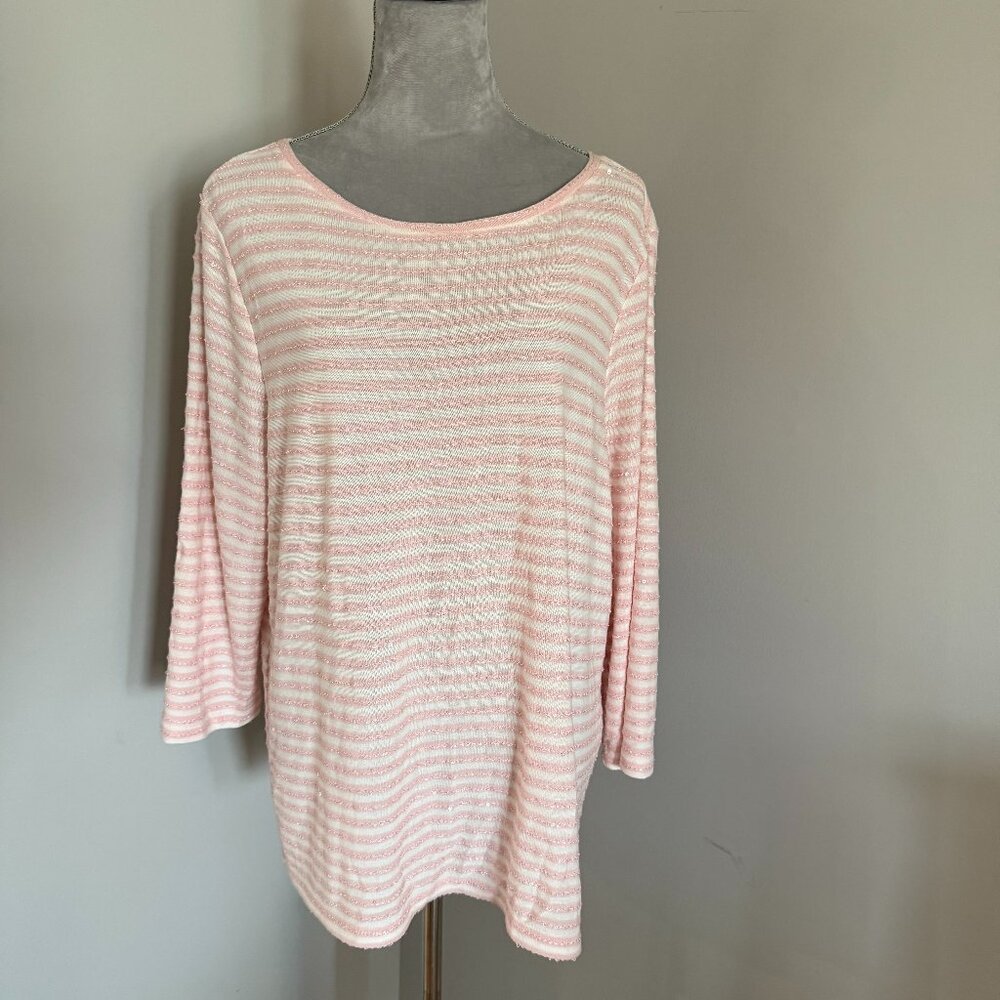 Talbots Women’s Striped Pink/White Sequin Sweater 3/4 Sleeve Sz 2W (18-20)
